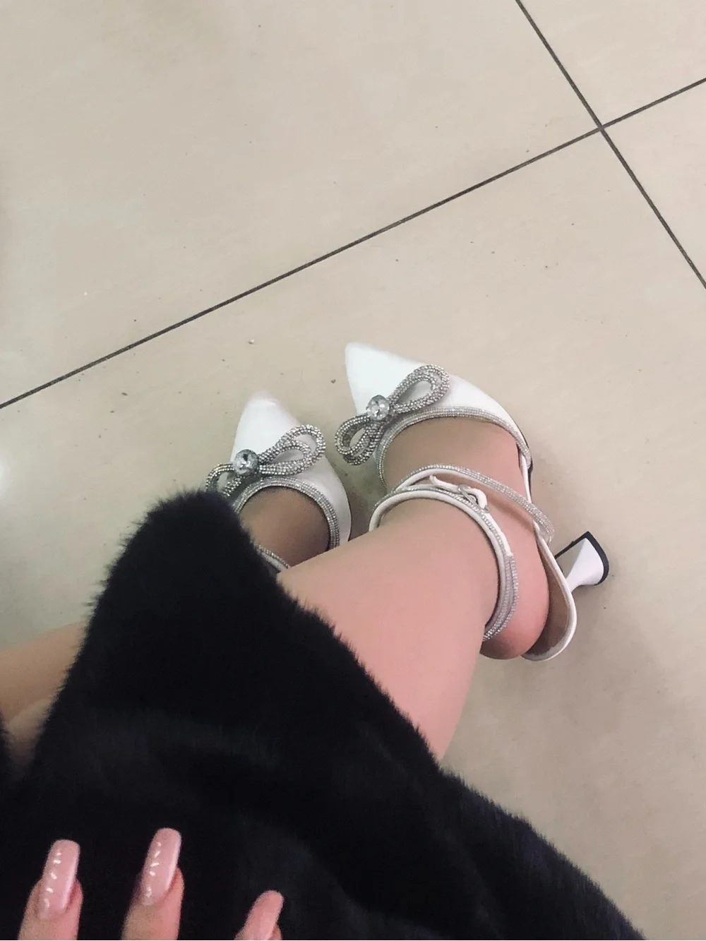 White Pointed Ankle-Strap Heels with Jeweled Bow
